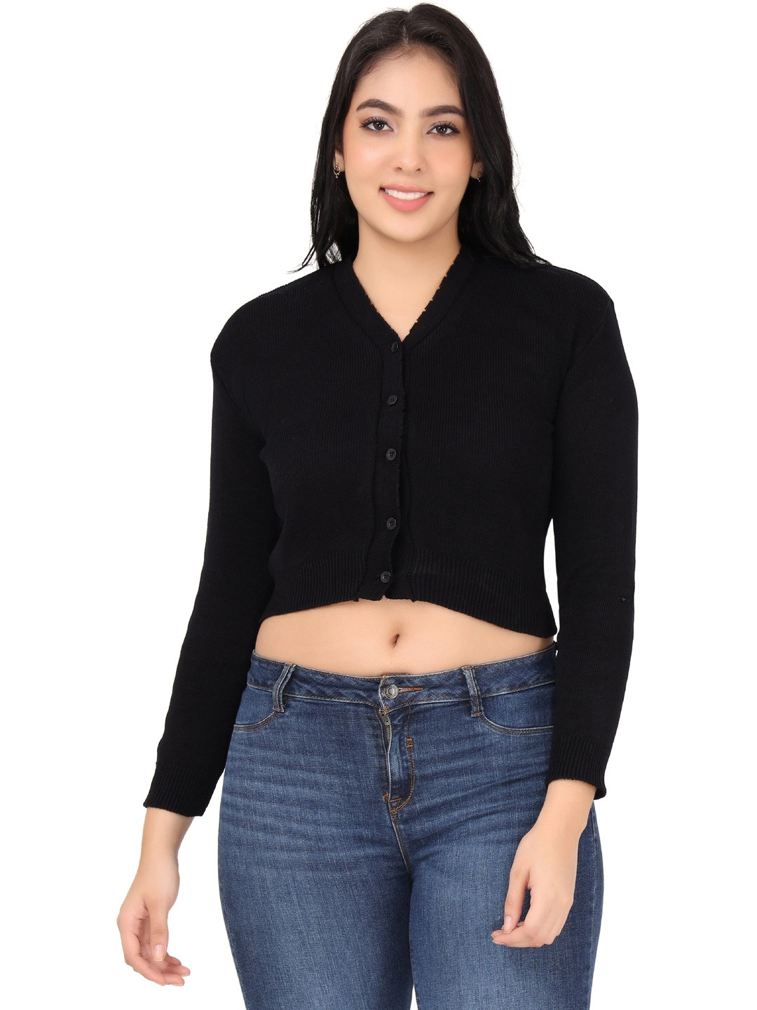 FEMULA Women Black V-Neck Long Sleeves Ribbed Woolen Crop Top