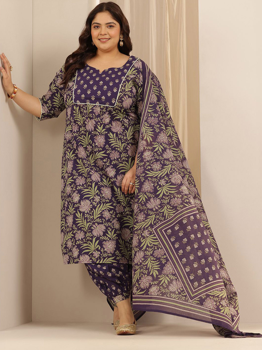 EXTRA LOVE BY LIBAS Women Printed Beads and Stones Plus Size Kurta with Salwar & Dupatta