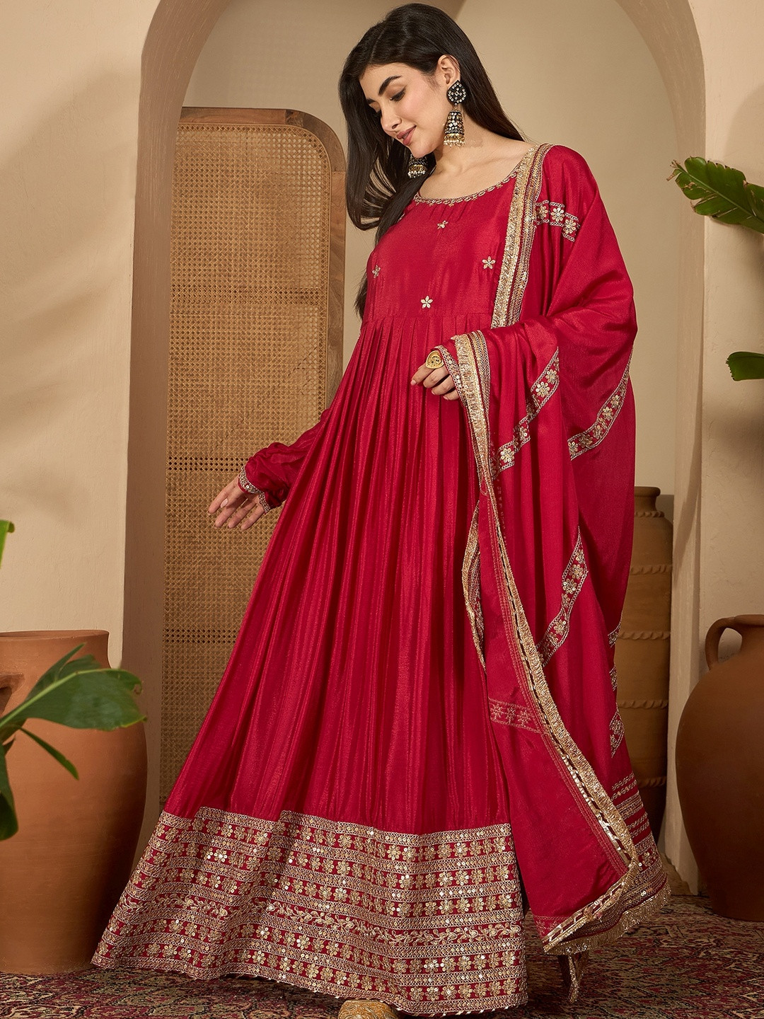 Red Soft Chinon Silk Thread And Sequence Work Anarkali Kurta with Trouser And Dupatta