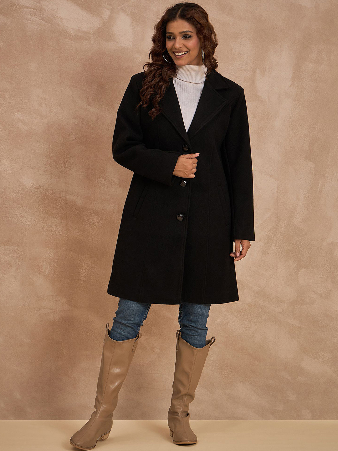 CLAPTON Women Solid Tweed Blazer With Notch Lapel & Button Closure Black