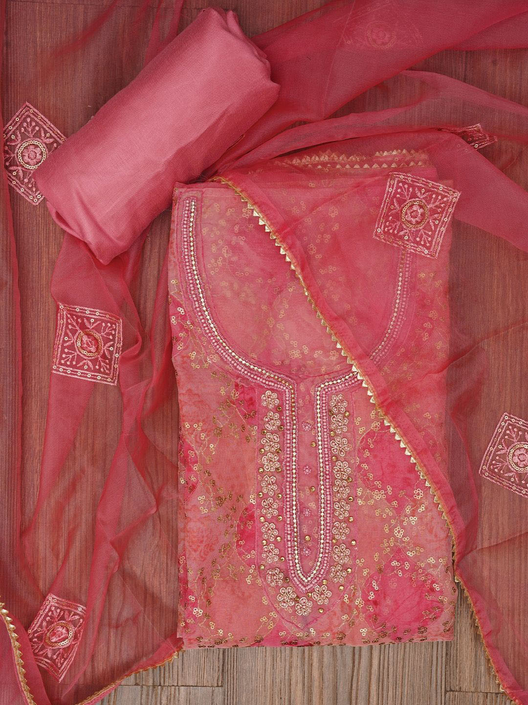 Desi Fusion Floral Printed Sequin Organza Unstitched Dress Material