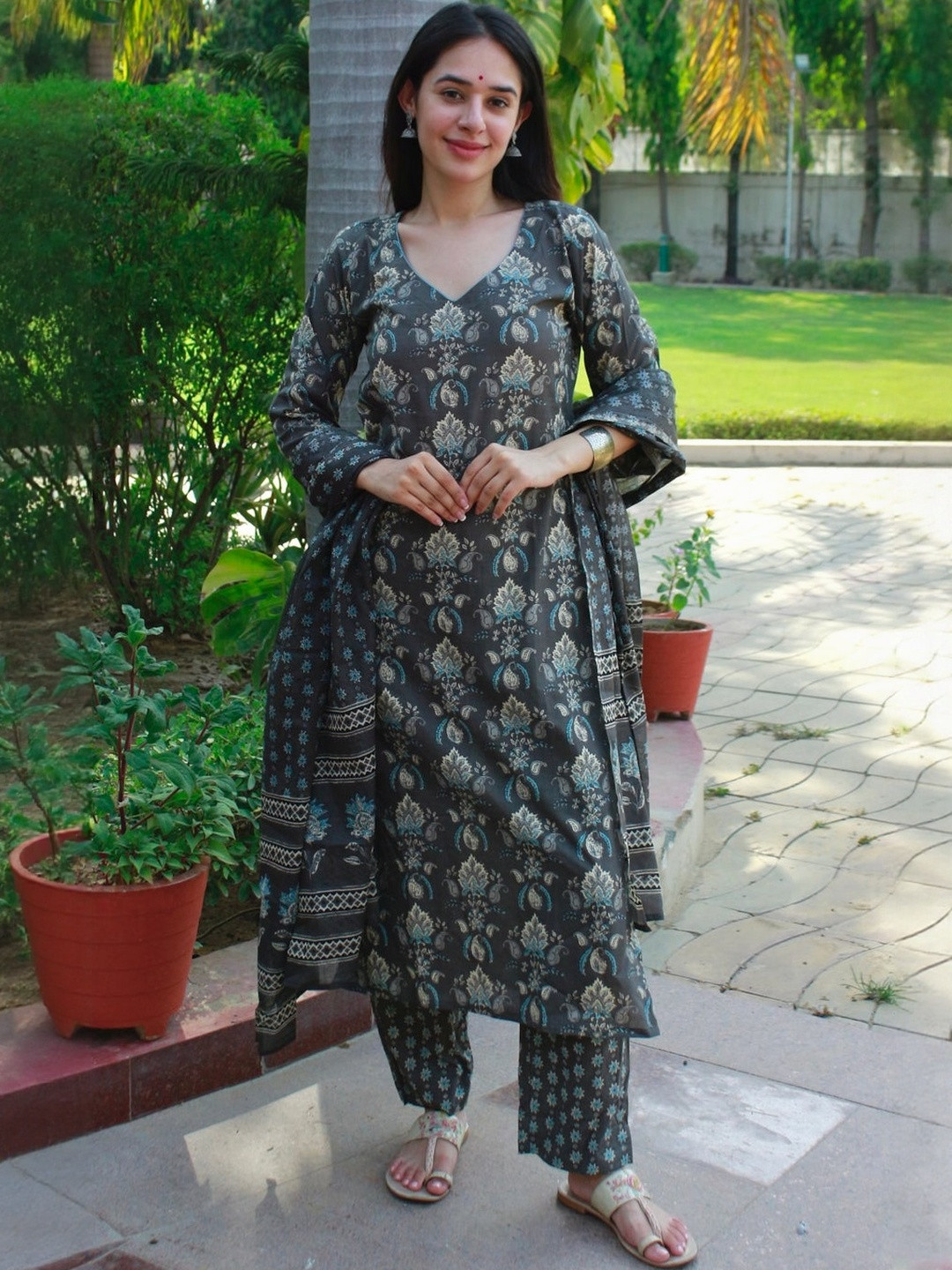 Charcoal Grey Ensemble with Elegant Ethnic Flair