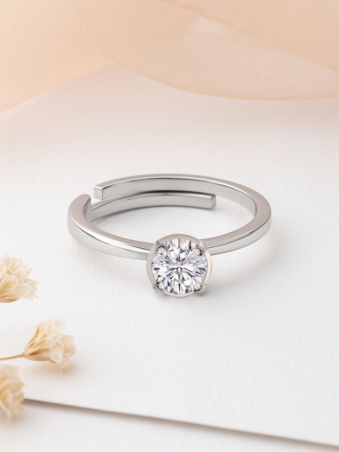 Ornate Jewels 925 Sterling Silver American Diamond Solitaire Adjustable Ring for Women