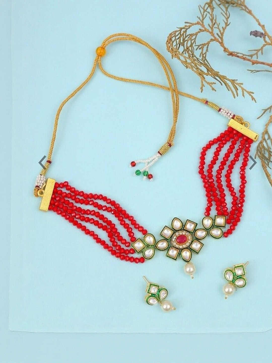 premjewellers Brass Red Beaded Jewellery Set