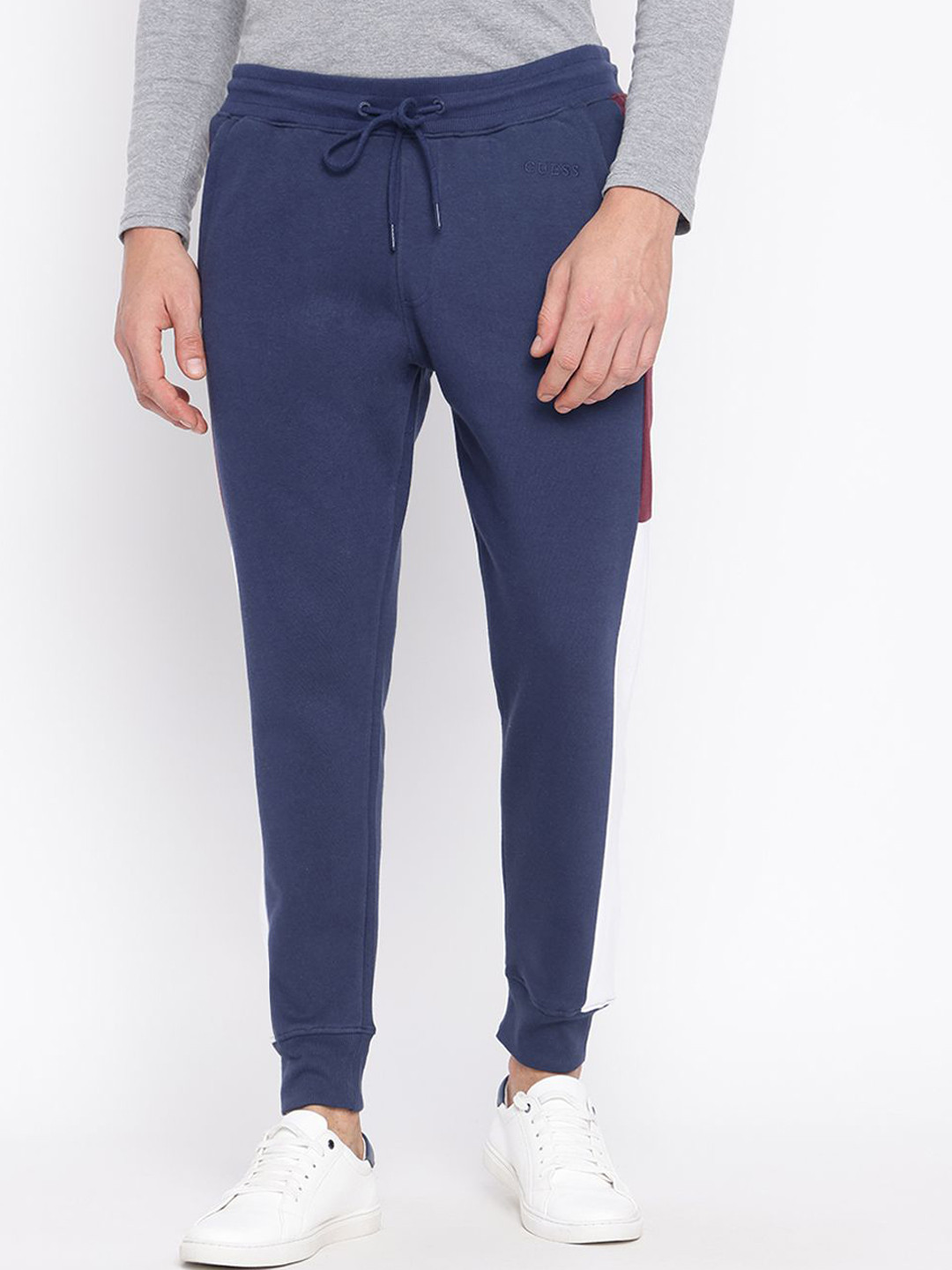 GUESS Men Dark Blue Colorblocked Joggers With Drawstring Closure