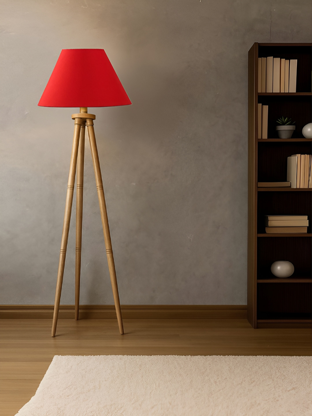 Devansh Red cotton Drum shade with Wooden Tripod Lamp
