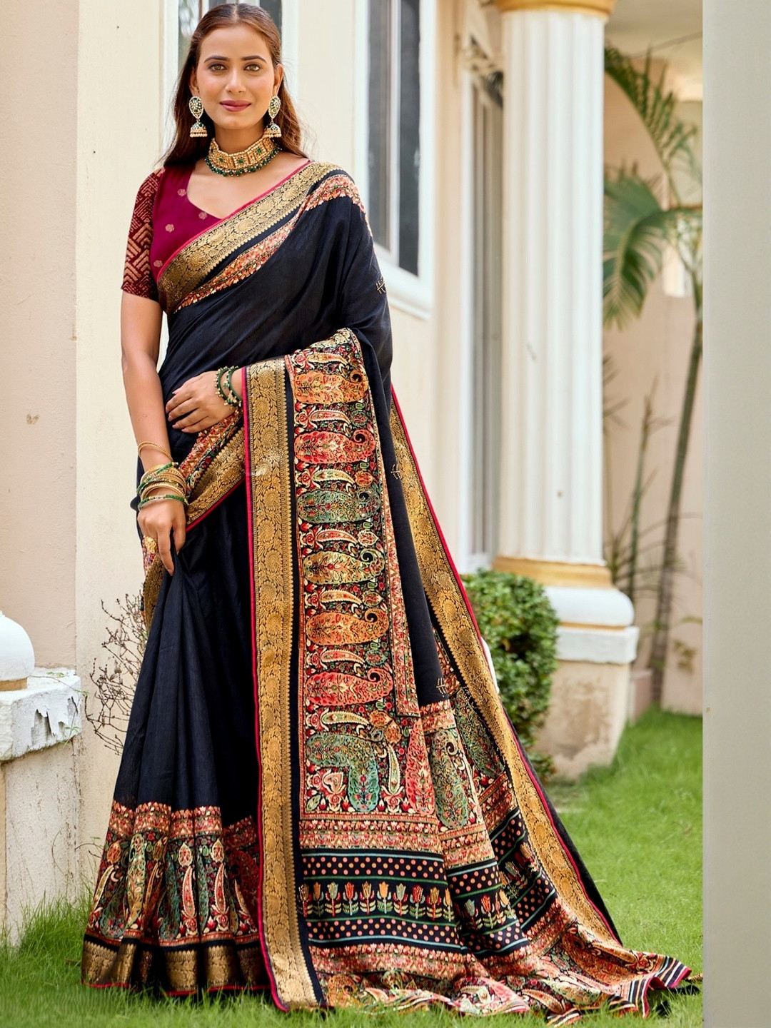 Navy Blue Soft Silk Siroski work Saree With Contrast Blouse Piece