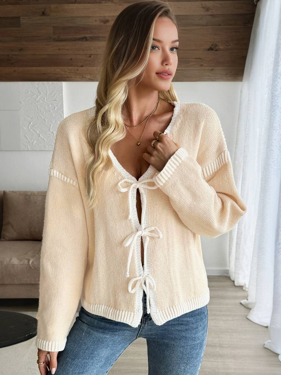 Mast & Harbour Women Bow Tie Up Cardigan