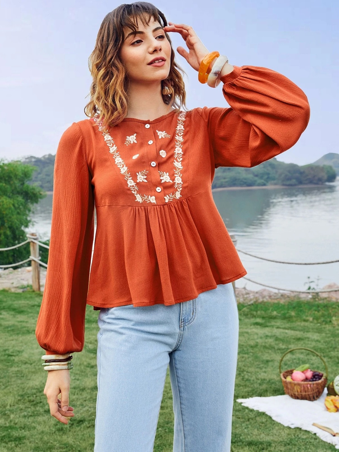 Moda Rapido Women Rayon Floral Puff Sleeve Top