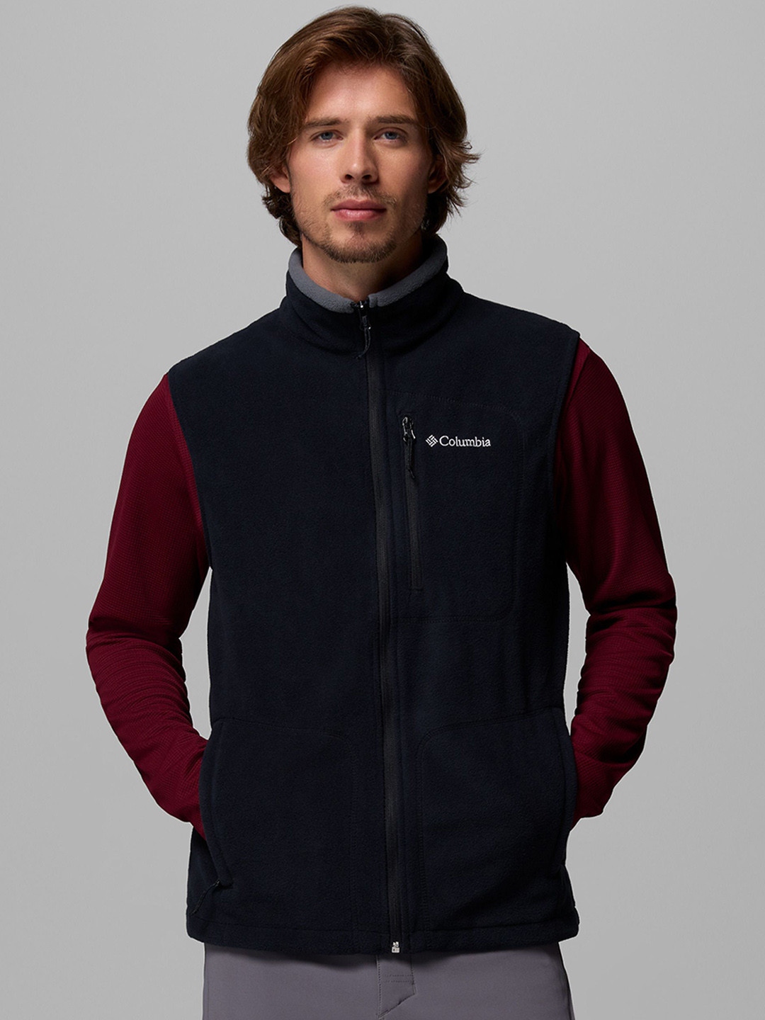 Columbia Men Black Solid Stand Collar Fleece Zippered Chest Pocket Vest