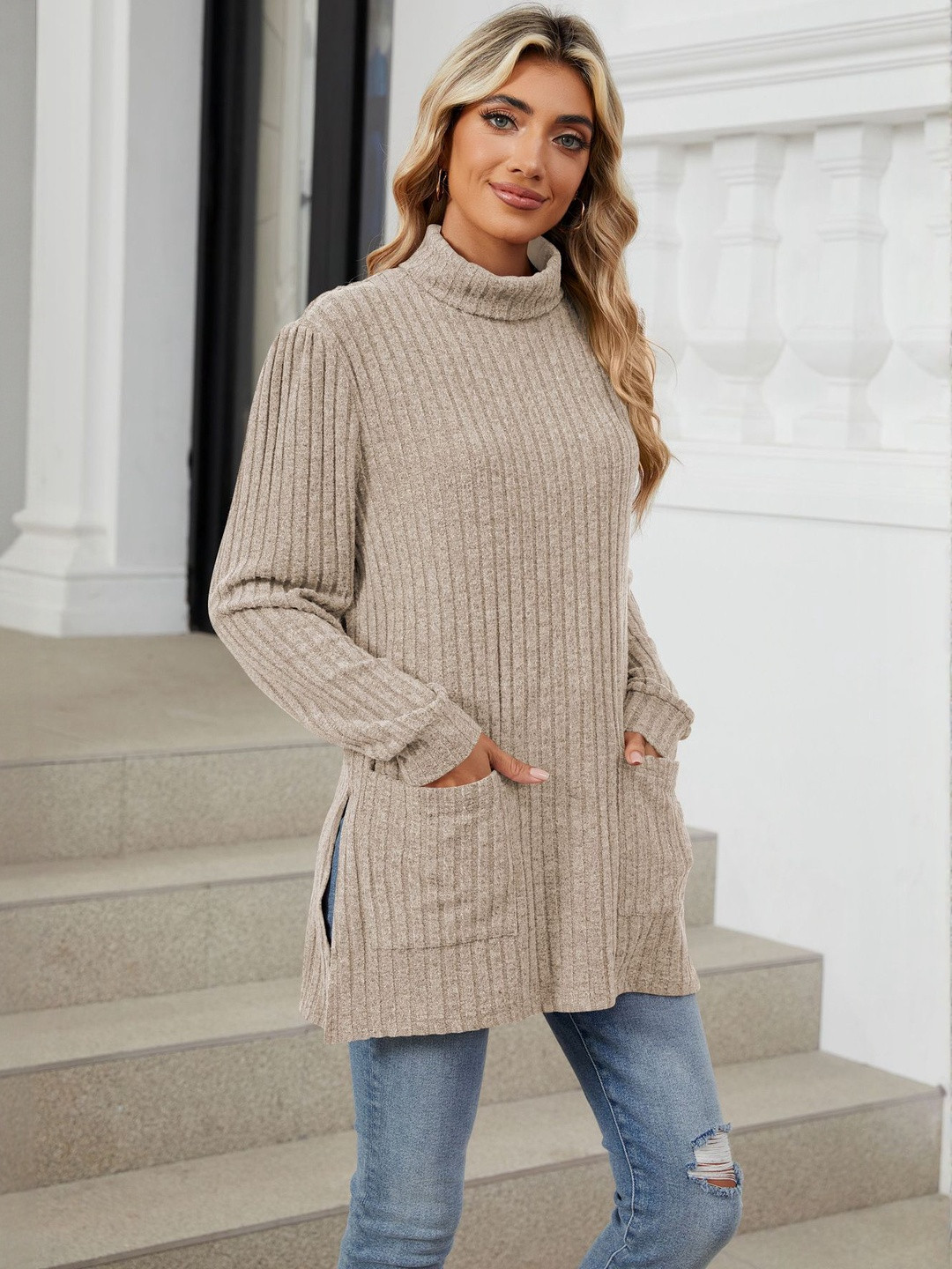 HERE&NOW Women Khaki Acrylic Turtle neck Ribbed Sweater Vest