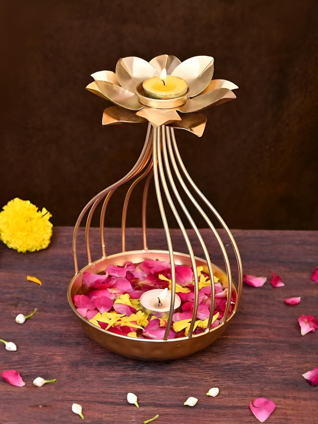 CraftVatika Gold-Toned Lotus Candle Holder