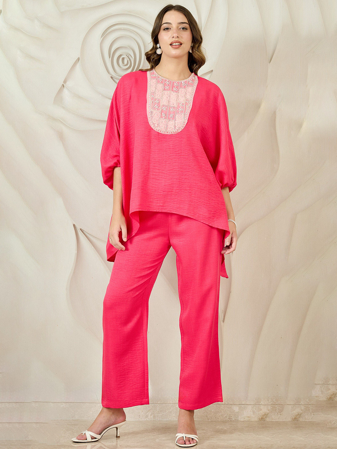 Shally Bhasin by Athena Women Fuchsia Linen Embellished Batwing Co-Ord Set