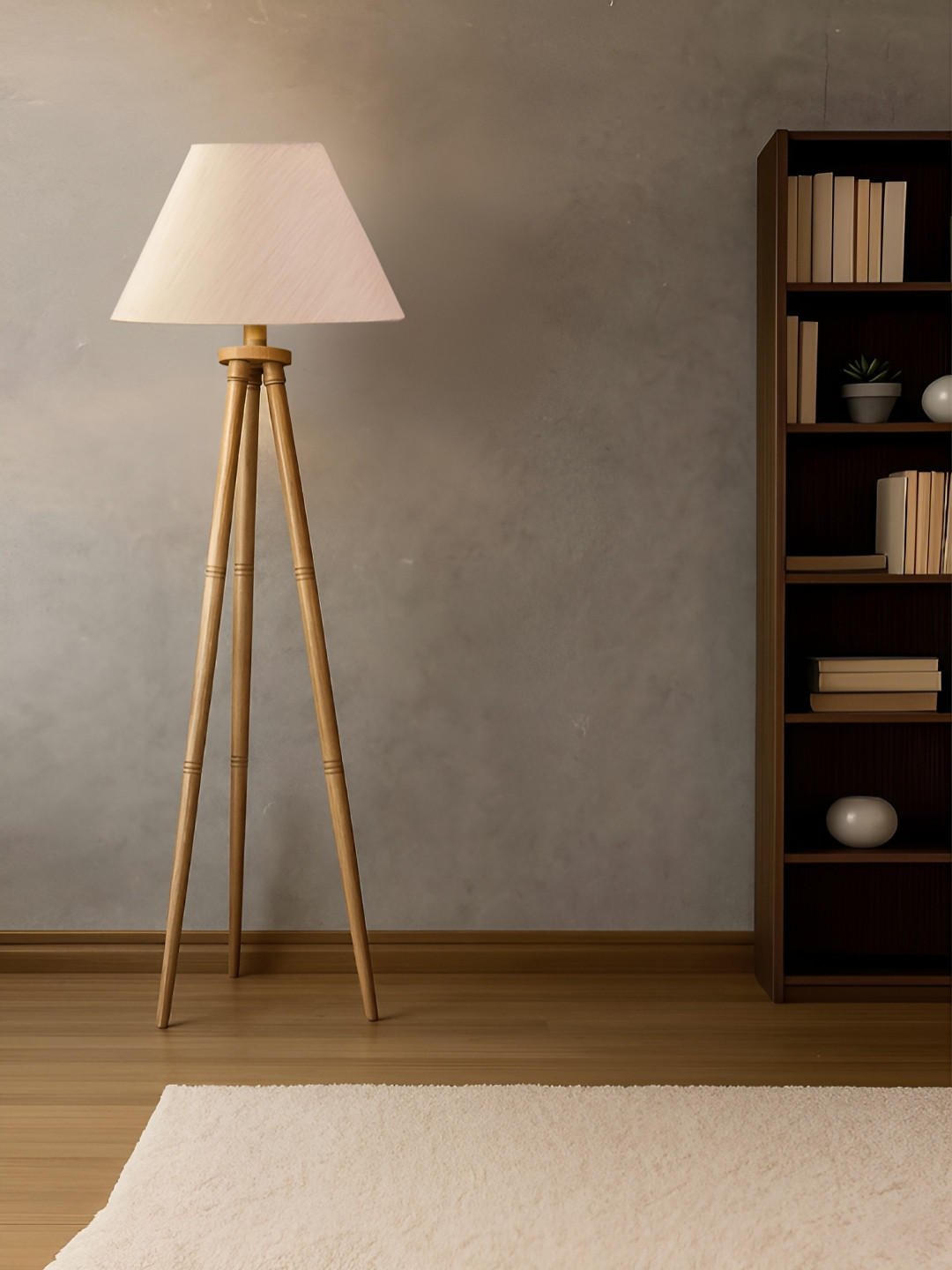 Devansh Off-White Cotton Drum Shade With Wooden Tripod Lamp