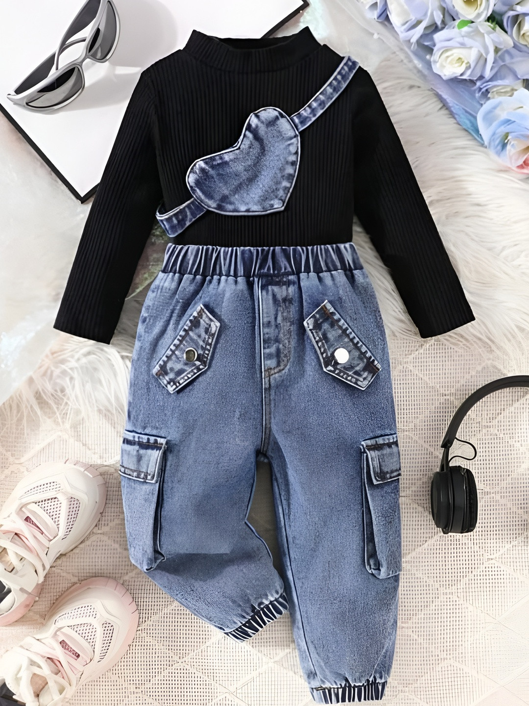 ELPIXIE FASHION Girls Black And Blue Cotton Blend Long Sleeves Causal Clothing Set