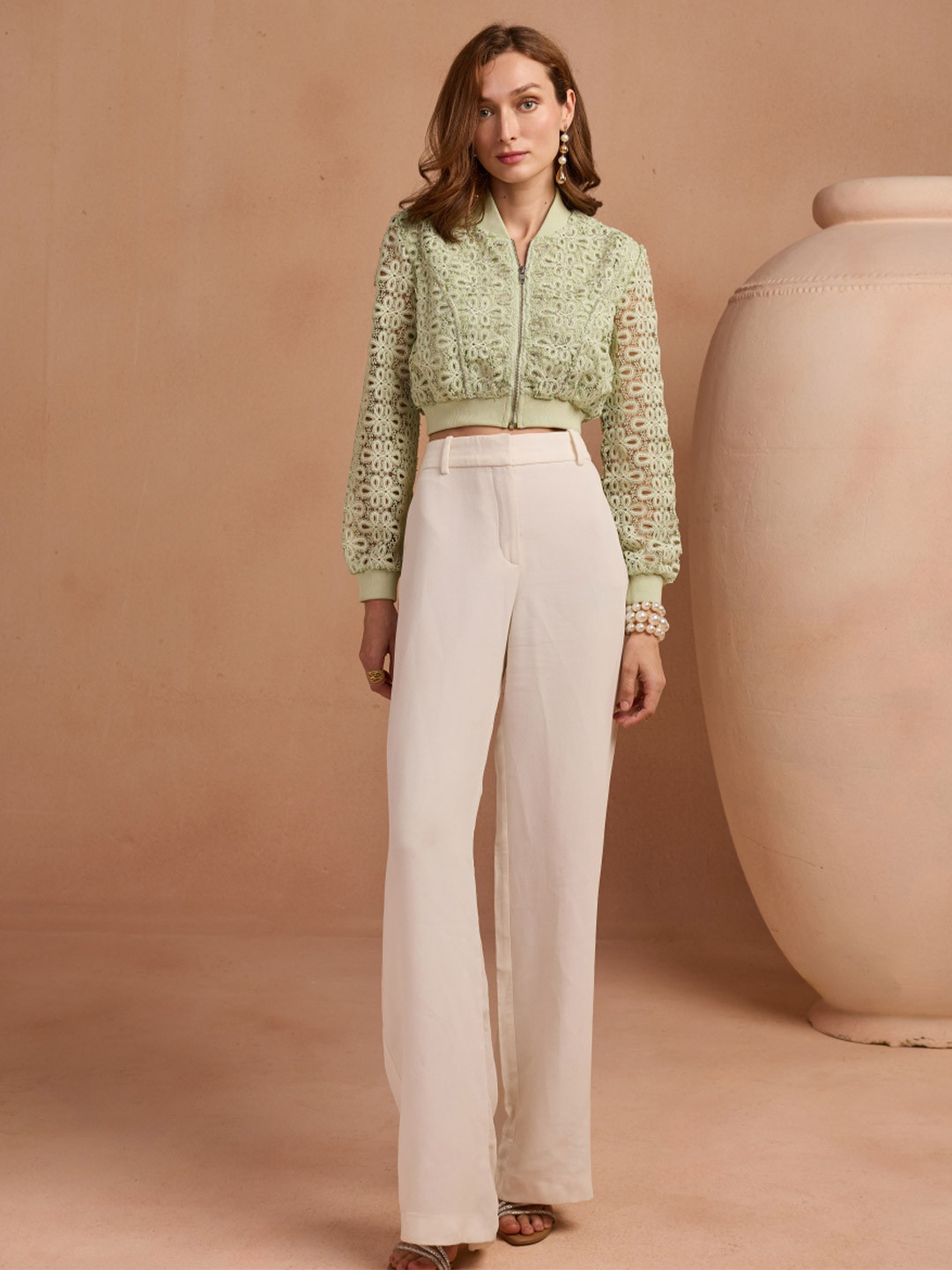 Style Island Women Stand Collar Self Design Casual Bomber Lightweight Jacket