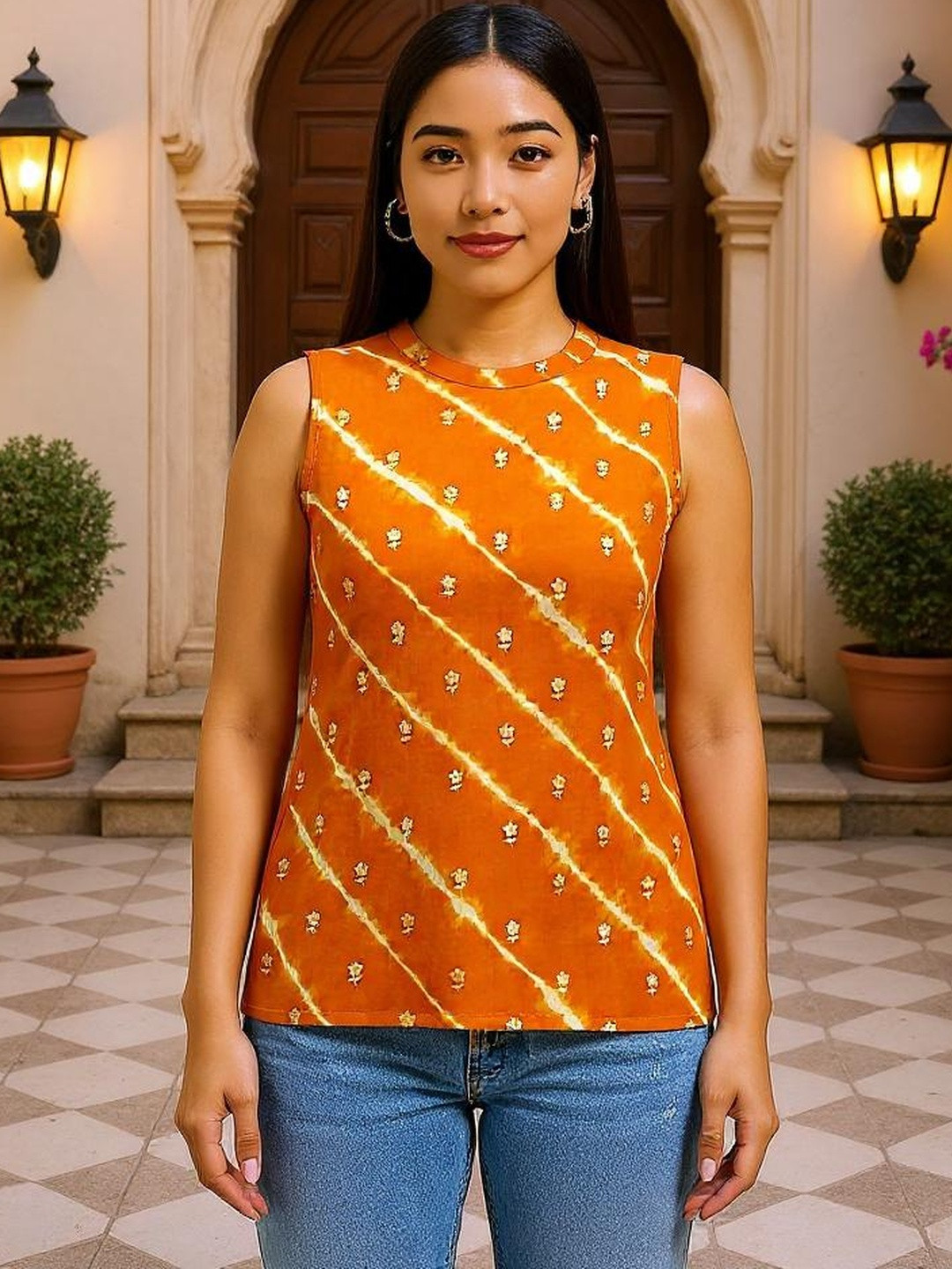 Mustard Tie And Dye Round Neck Sleeveless Top