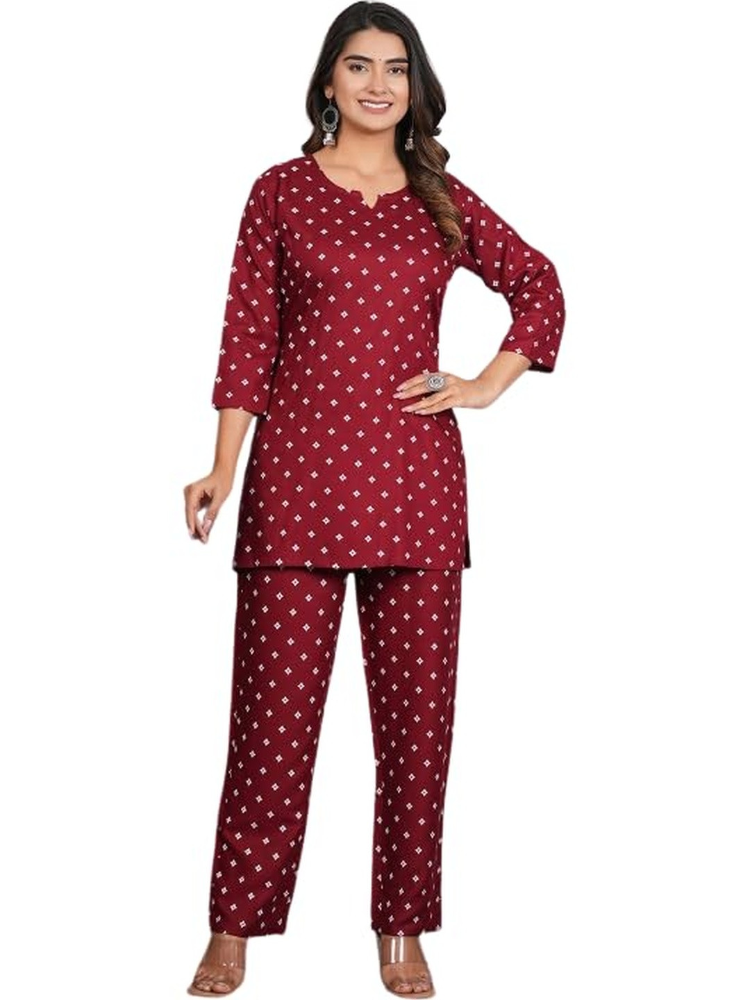 PUSHPRAJ FASHION Women's Viscose Rayon Round Neck Three-Quarter Sleeves Tunic Printed Cord Set with Trousers (Maroon -2XL)