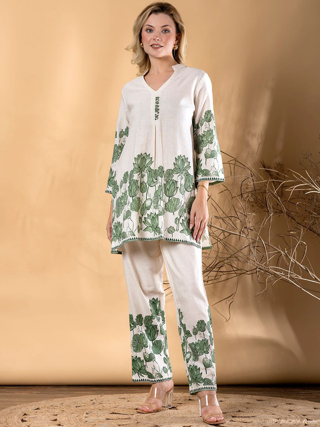 Readiprint Women Floral Printed Cotton Flex Kurti And Trousers Co-Ord Set