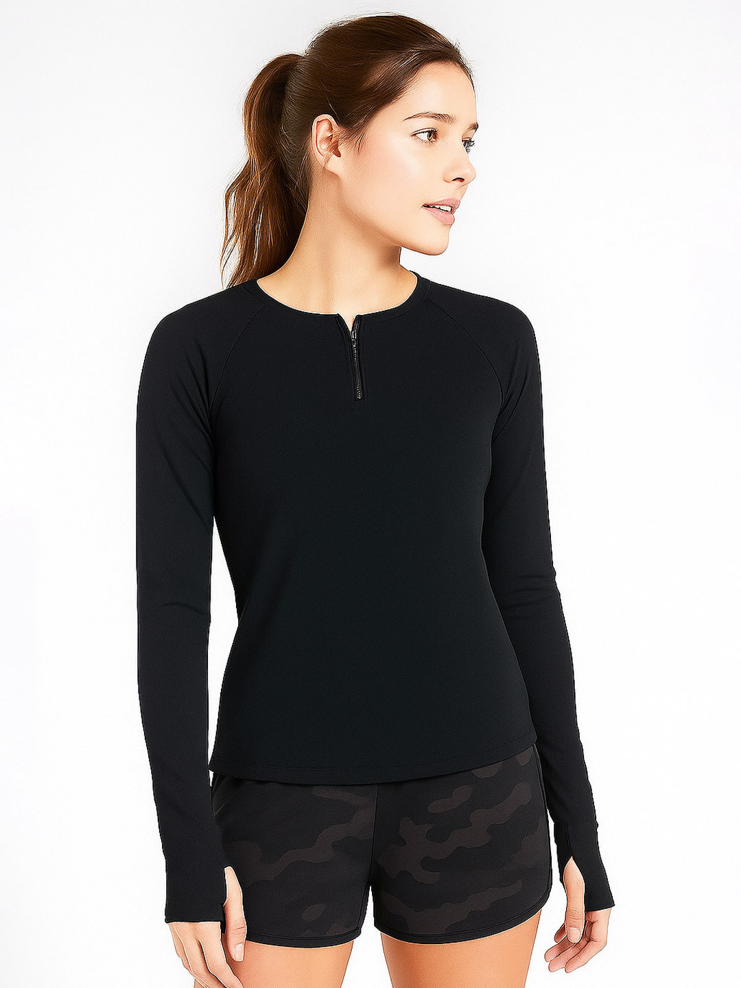 appulse Women High Neck Extended Sleeves Cut Outs Slim Fit T-shirt