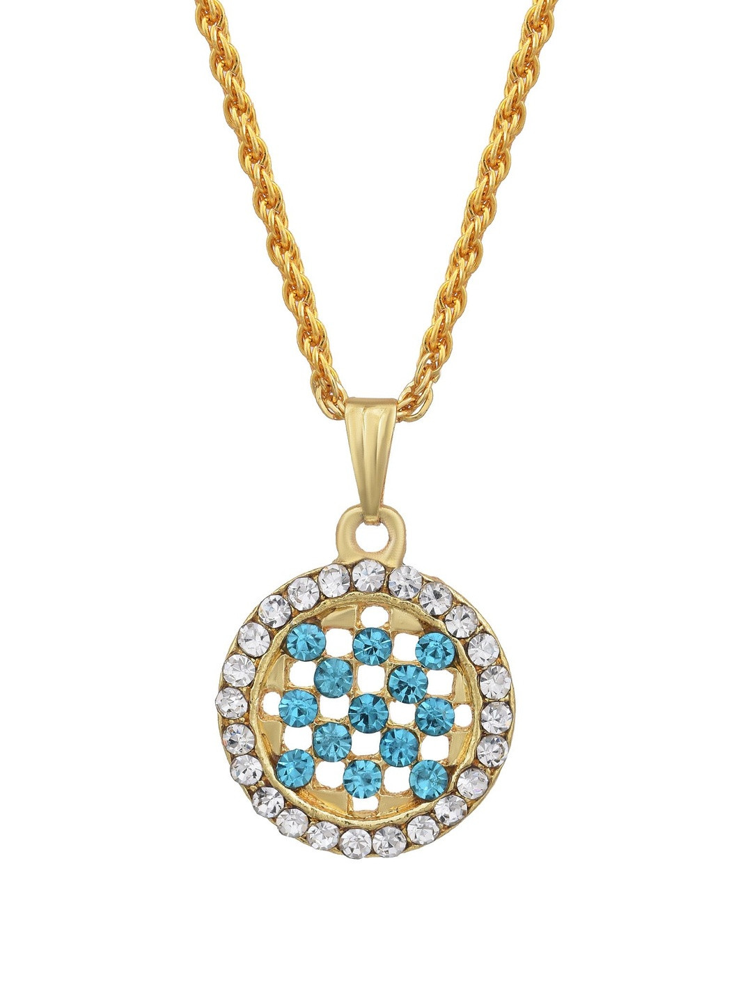 Gold Plated Round Shape Aquamarine Turquoise Blue CZ Pendant