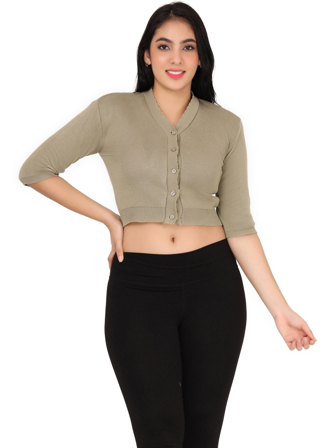 FEMULA Women V-Neck Front Open Woollen Crop Top