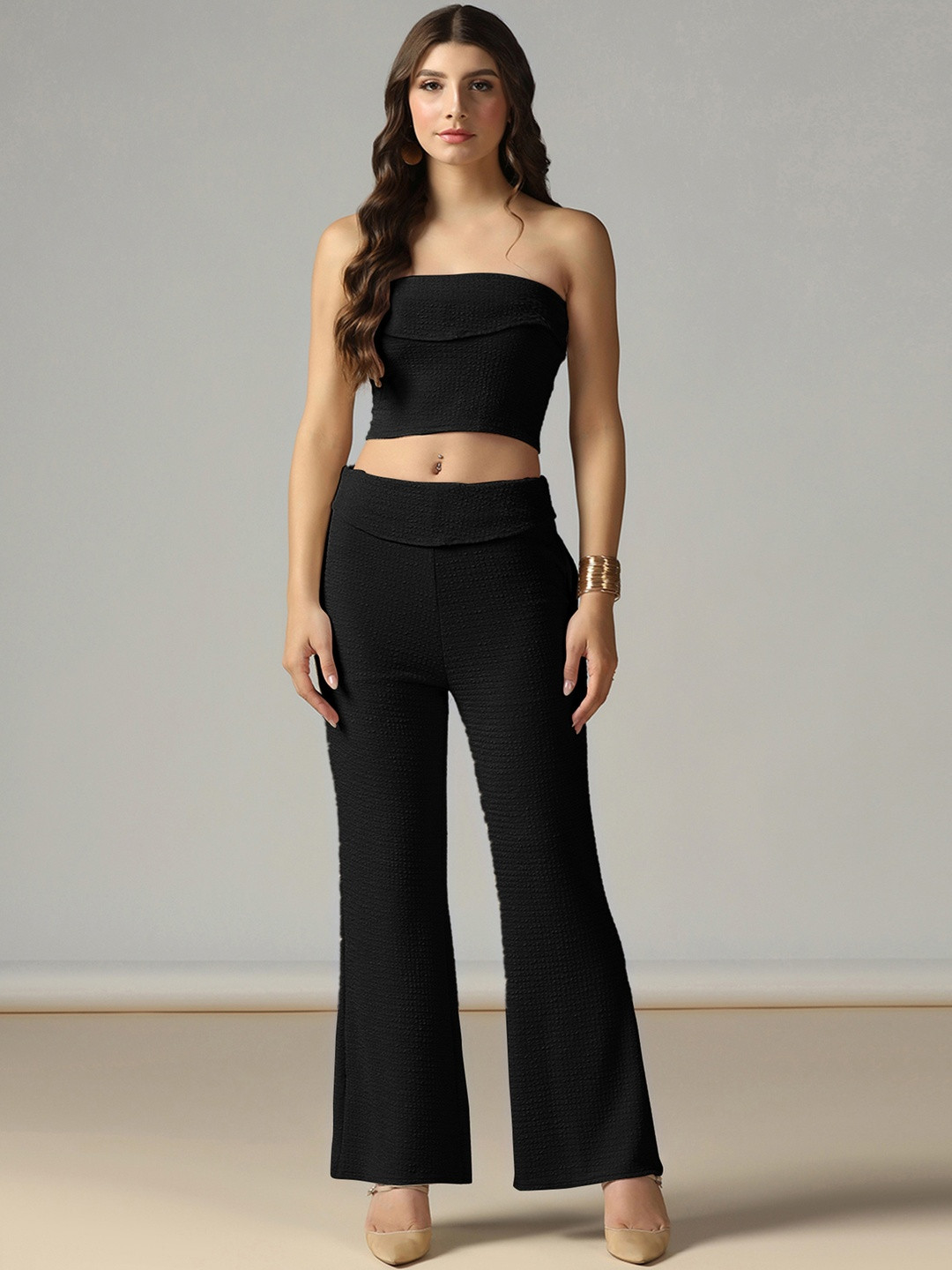SZN Womens Black Solid Off Shoulder Top and Trouser Co-Ord Set