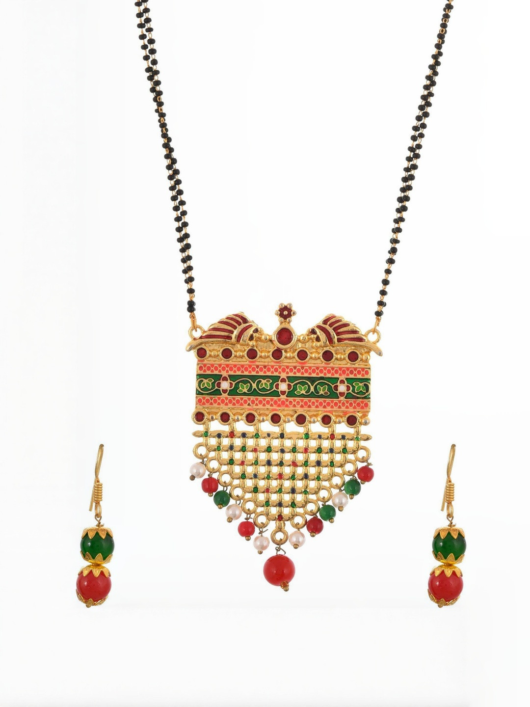 premjewellers Women Gold-Plated Necklace and Earrings Mangalsutra Set