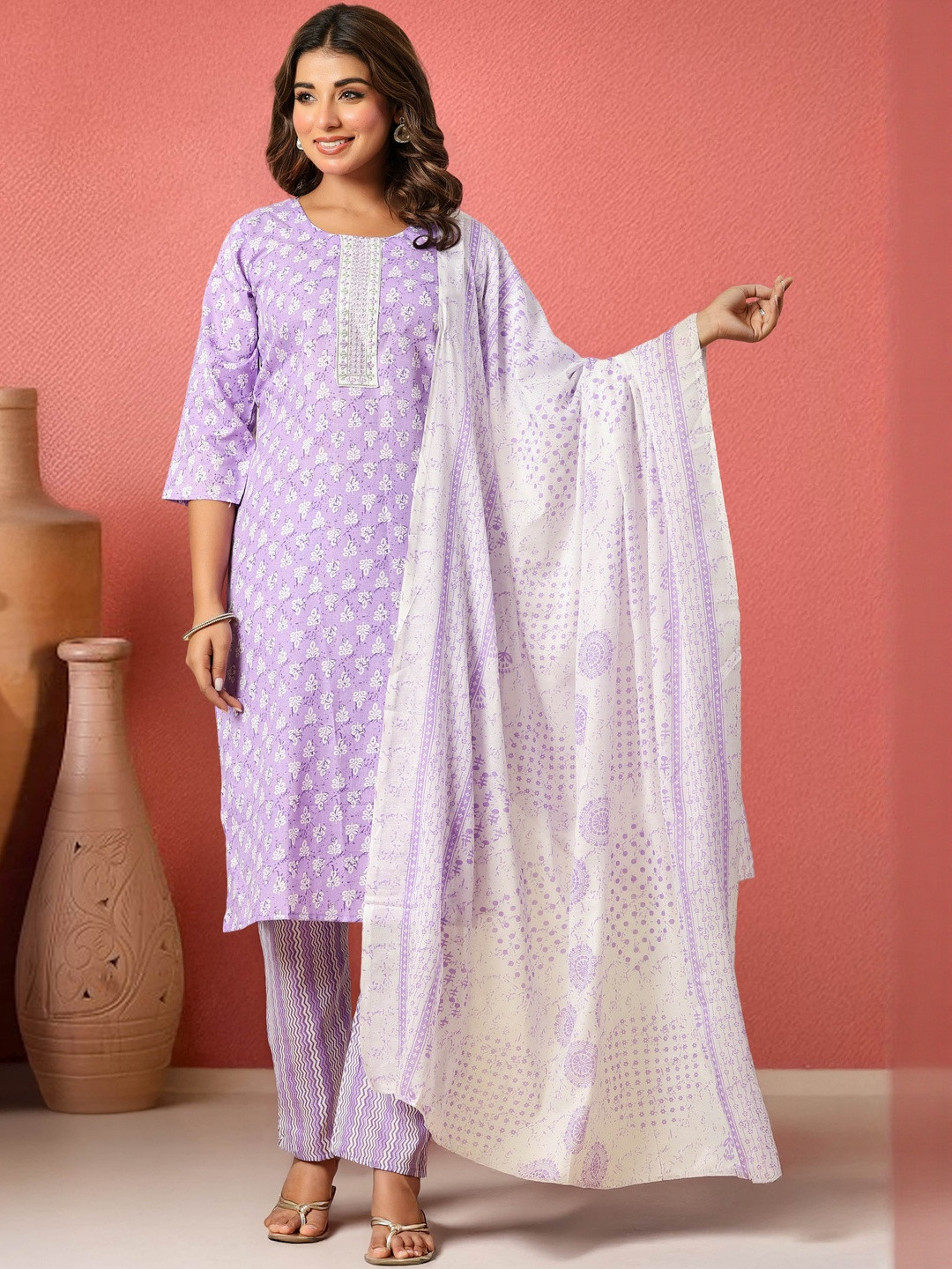 Sangria Women Lavender Cotton rayon Kurta, Pant & Dupatta Set