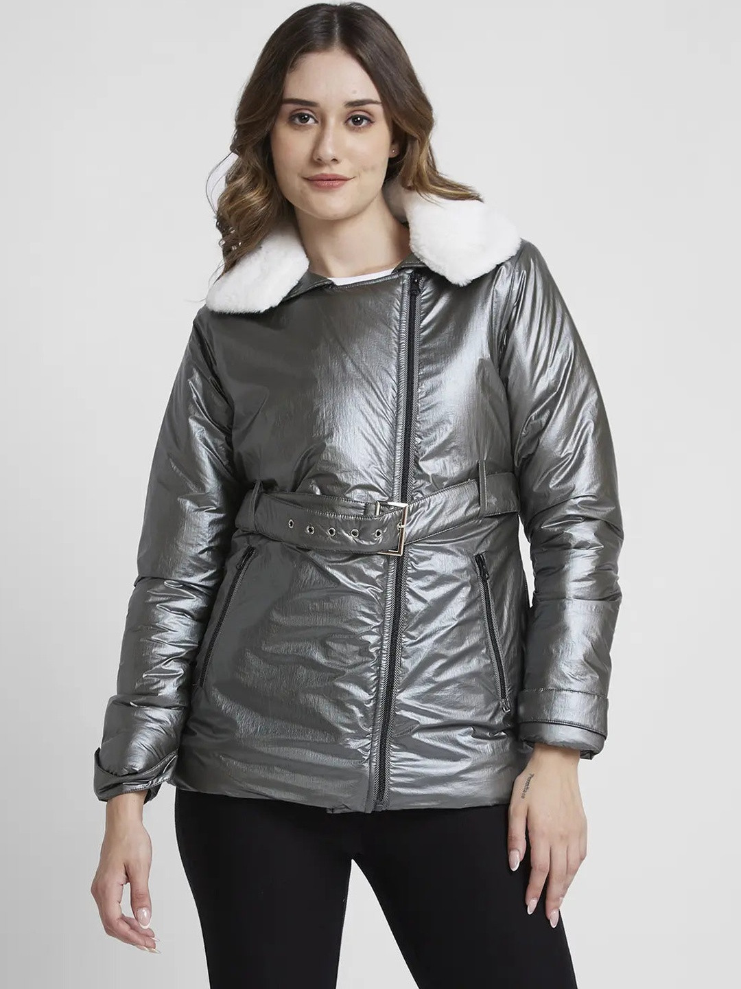 SPYKAR Women Silver Regular Fit Puffer Jacket