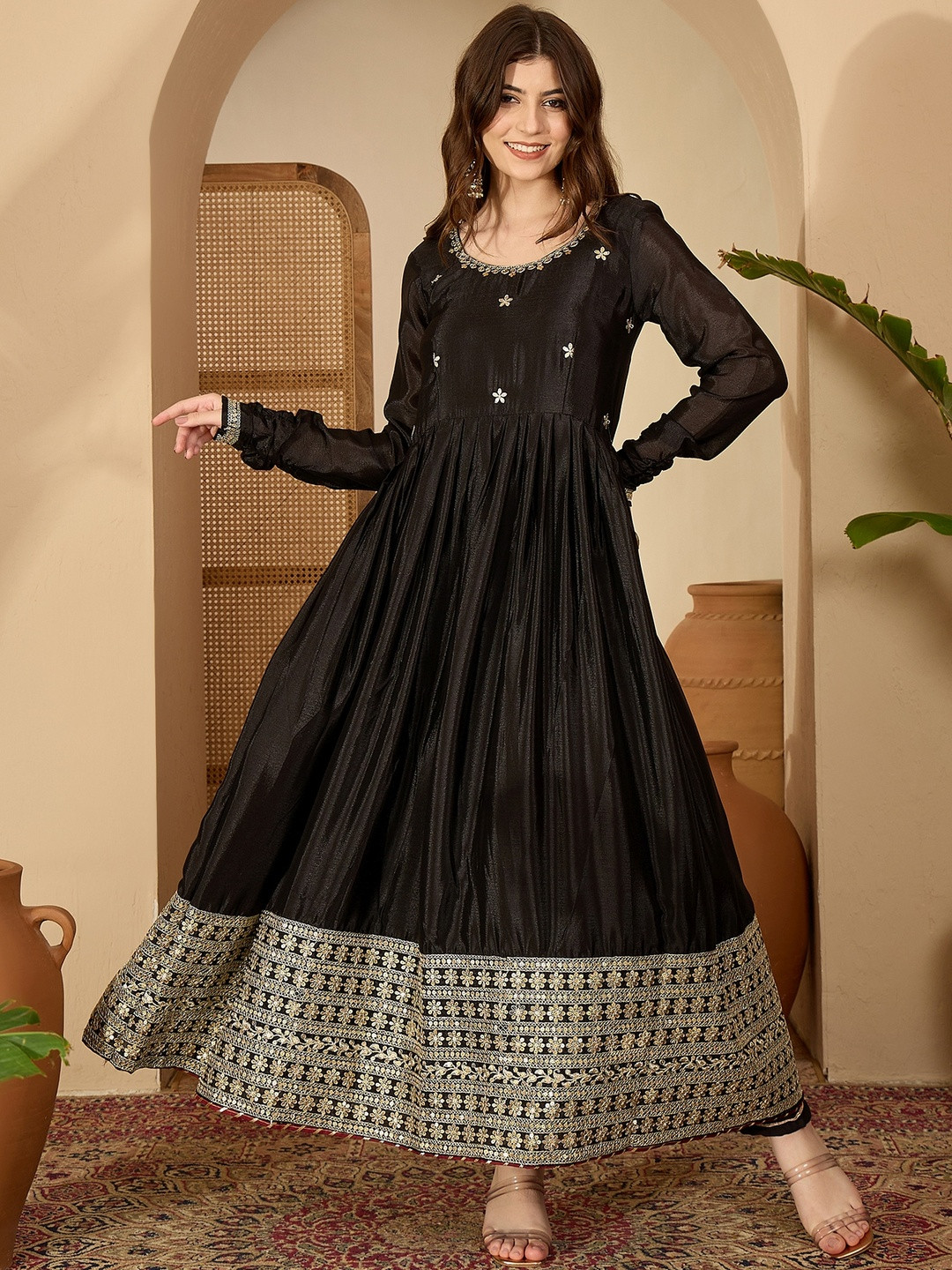 Black Soft Chinon Silk Thread And Sequence Work Anarkali Kurta with Trouser And Dupatta