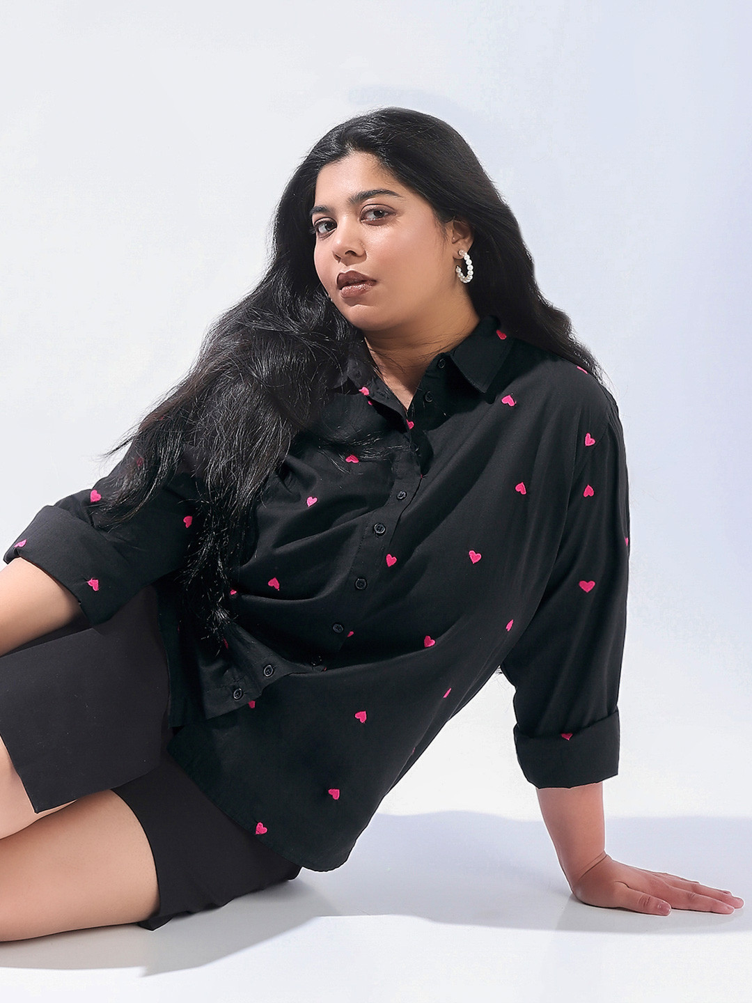 Freeform by High Star Women Plus Size Oversized Fit Heart Embroidered Cotton Casual Shirt