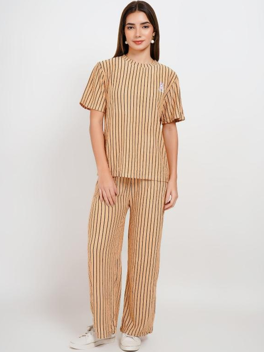 Stem Rope Women  Beige Striped Cotton Blended Trending  Casual co-ord Set