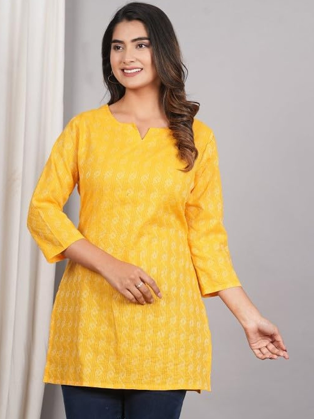 PUSHPRAJ FASHION Women's Self Design Cotton Round Neck Three-Quarter Sleeves Regular Fit Striped Design Kurta Set (Yellow -2XL)
