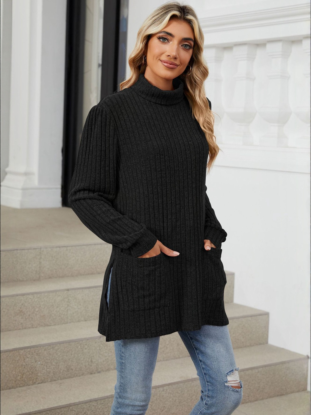 HERE&NOW Women Black Long Sleeves Turtle Neck Causal Sweaters