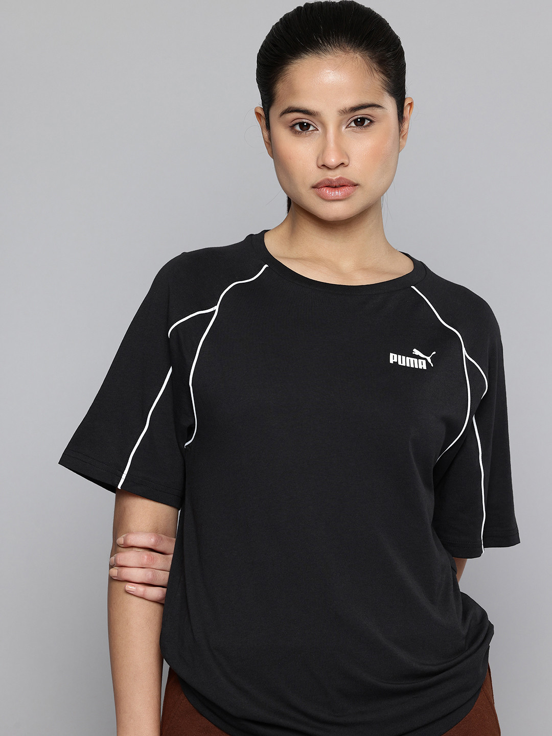 Puma Brand Logo Printed Piping Detail Raglan Sleeves Pure Cotton Relaxed T-shirt