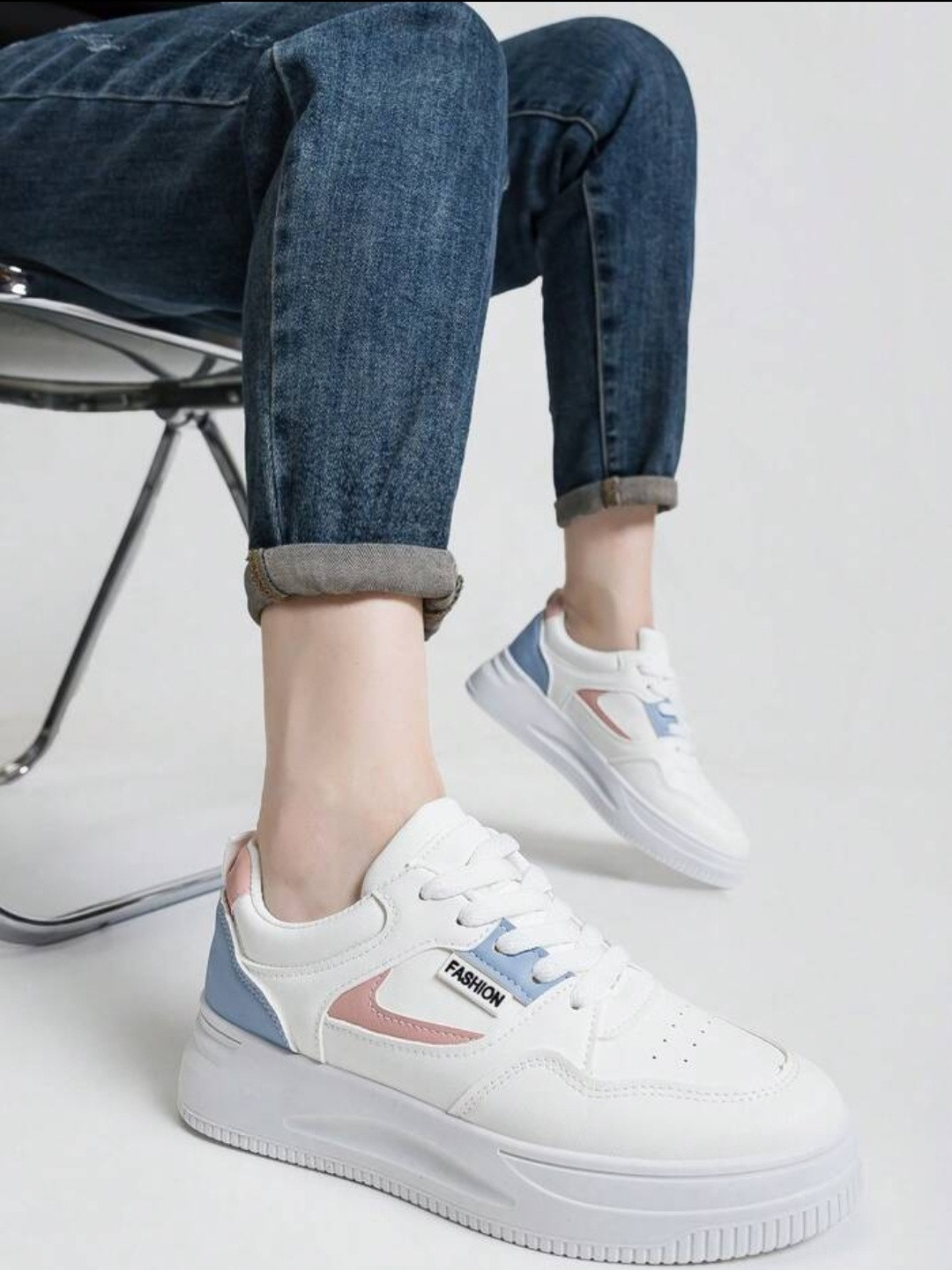 Shozie Girls White & Blue Synthetic Rubber Sole Casual Sneakers