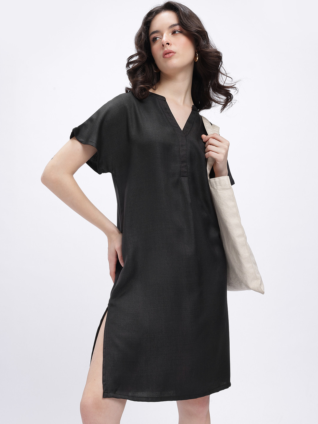 glitchez Pleated Detail Mandarin Collar Shift Dress with Side Slits