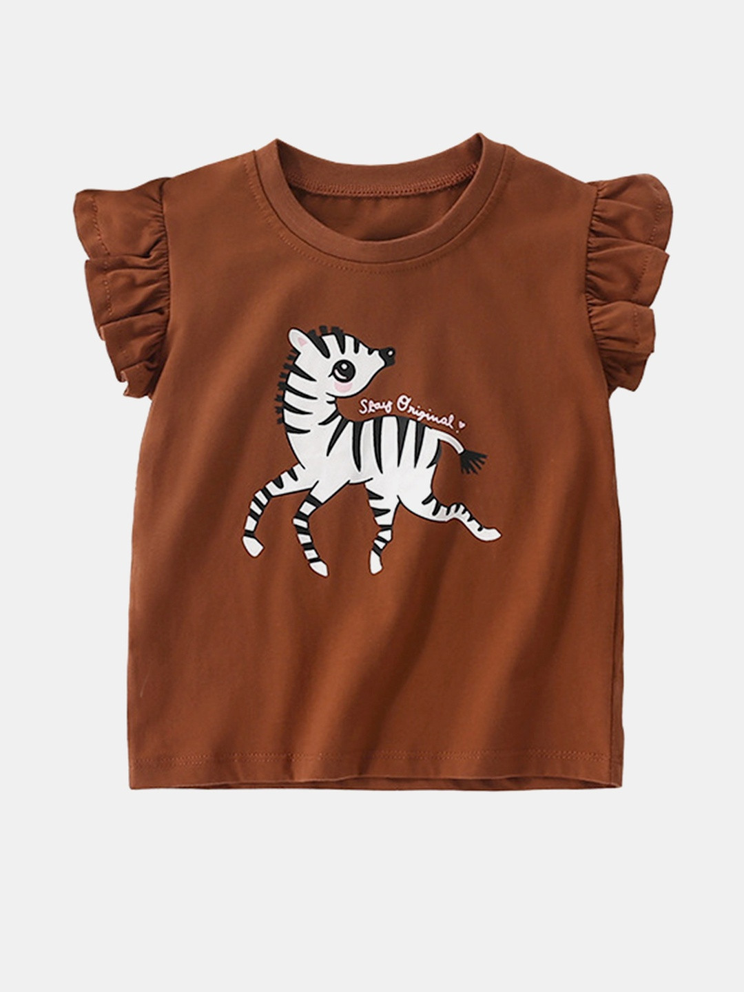 YK Girls Brown Printed T-shirt