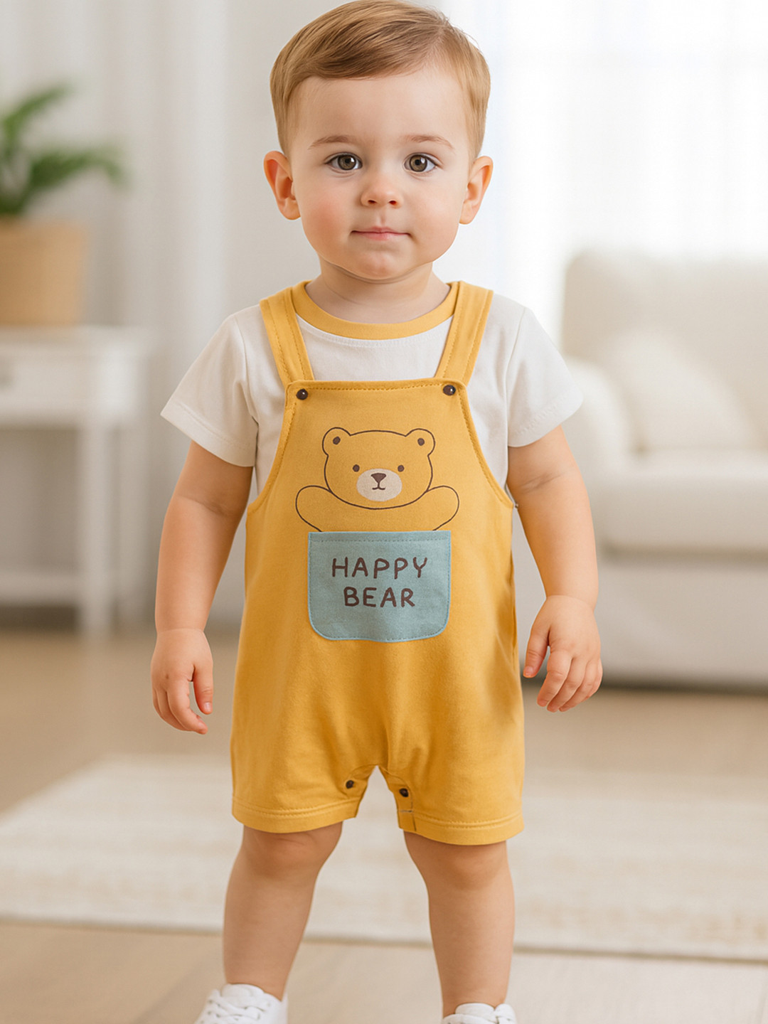 Bold N Elegant Infants Happy Bear Printed Short Dungaree With T-Shirt