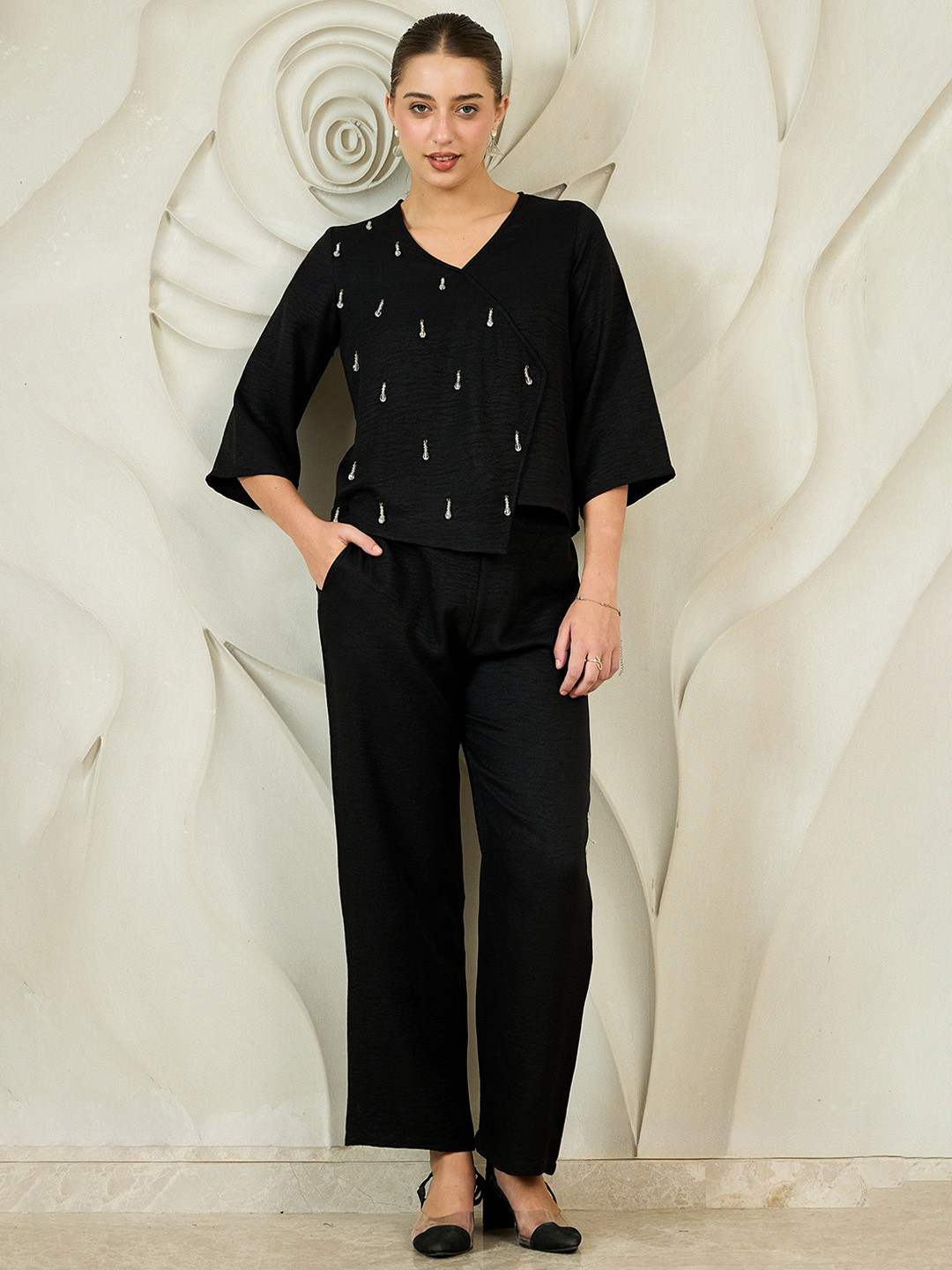Shally Bhasin by Athena Black Linen Embellished Co-Ord Set
