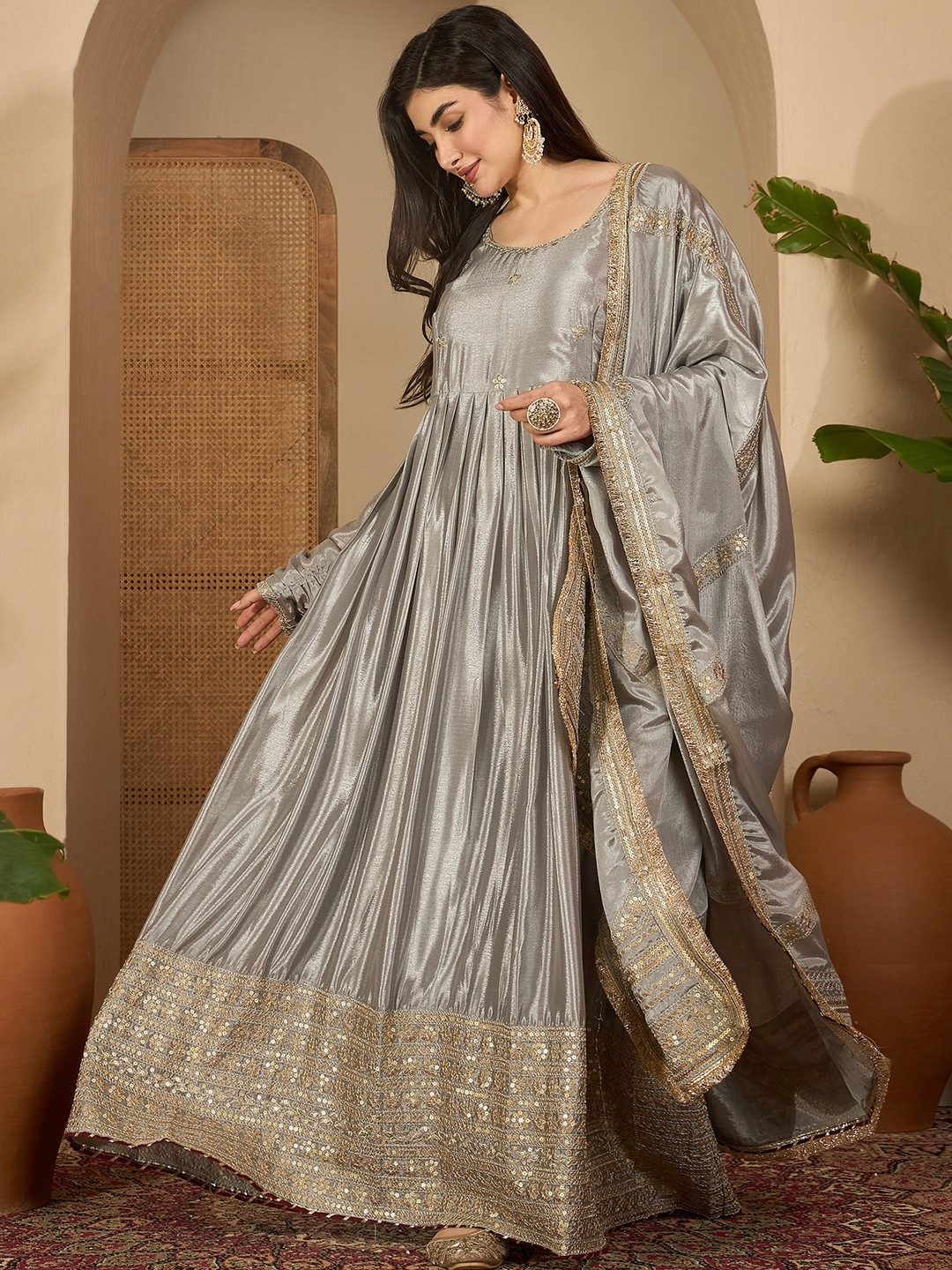 Grey Soft Chinon Silk Thread And Sequence Work Anarkali Kurta with Trouser And Dupatta