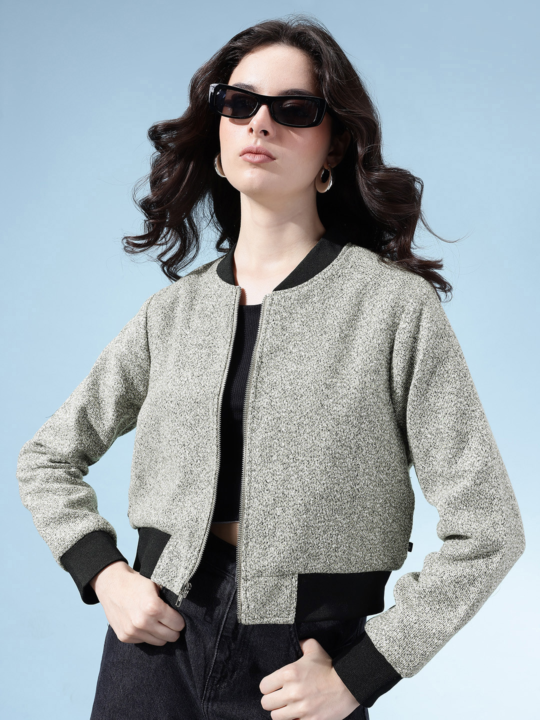 glitchez Stand Collar Relaxed Tweed Tailored Jacket