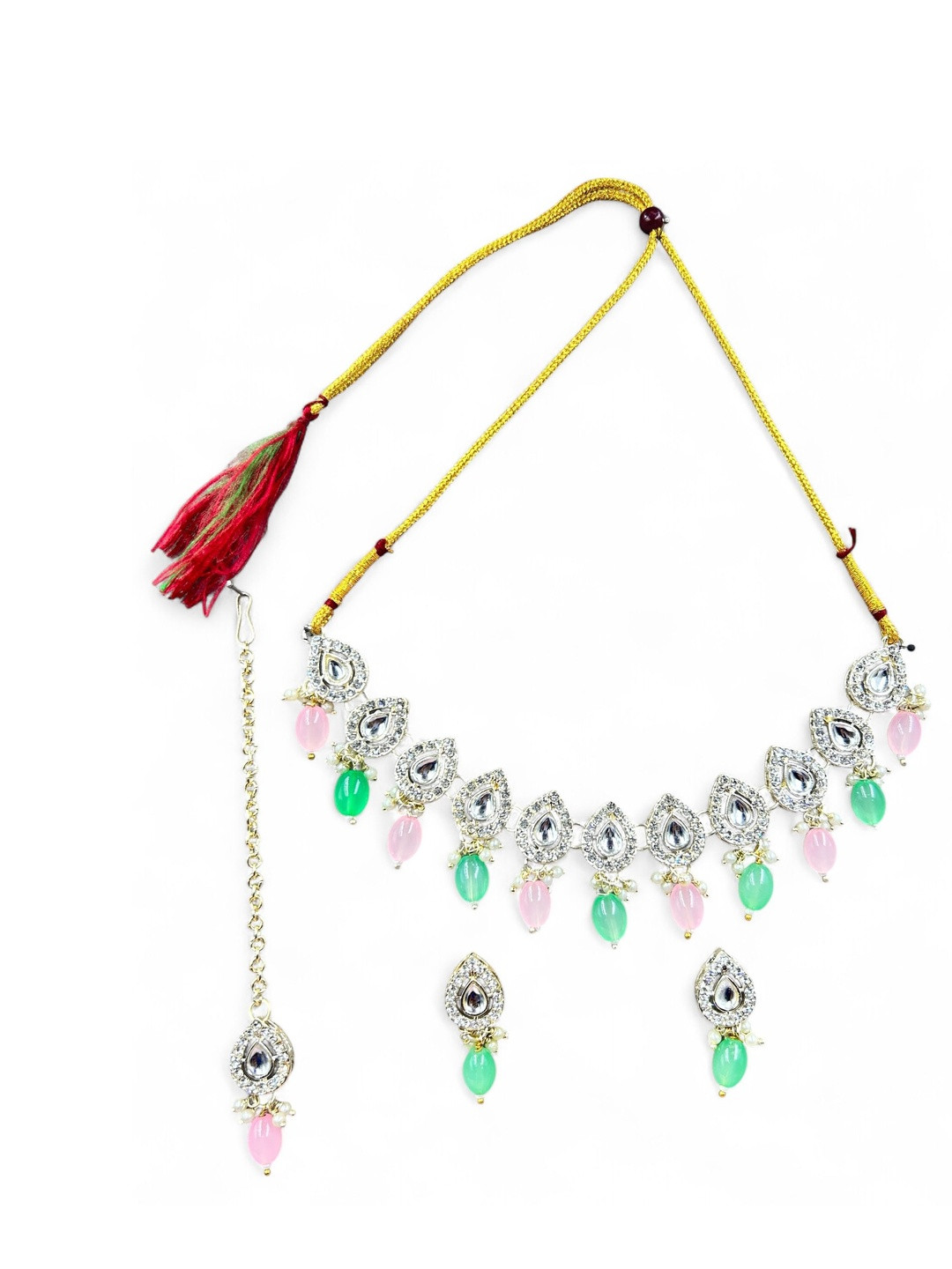 ANTIQUE JEWELLERY Women Pastel Kundan & Pearl Choker Necklace Set With Maang Tikka