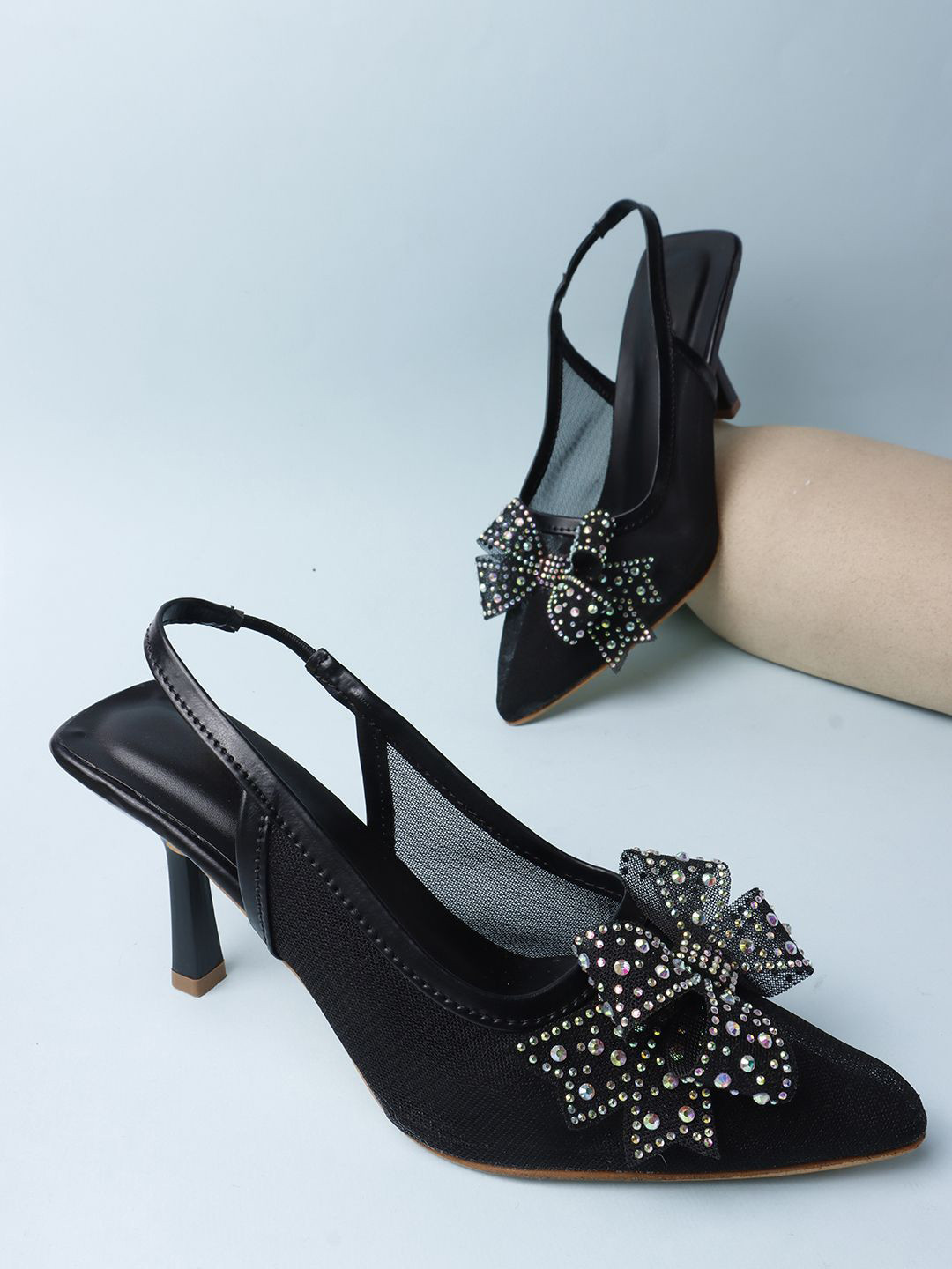 Try Me Women Mesh Slim Heel Mules with Bows