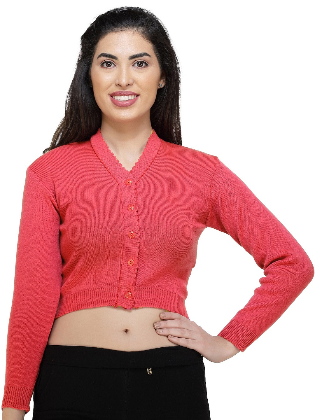 FEMULA Women V-Neck Front Open Woollen Crop Top