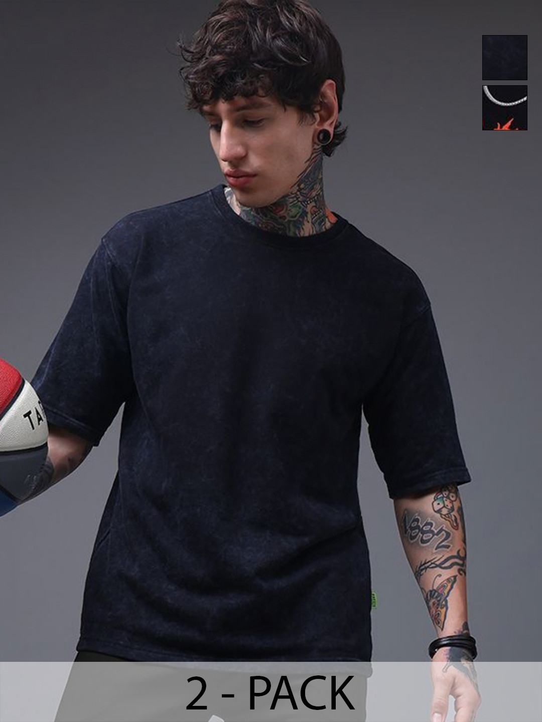 MADSTO Men Pack of 2 Washed Effect Washed Round Neck Cotton T-shirts