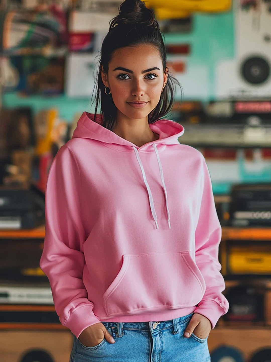JUNEBERRY Women Pink Solid Cotton Fleece Regular Fit Hooded Pullover Sweatshirt