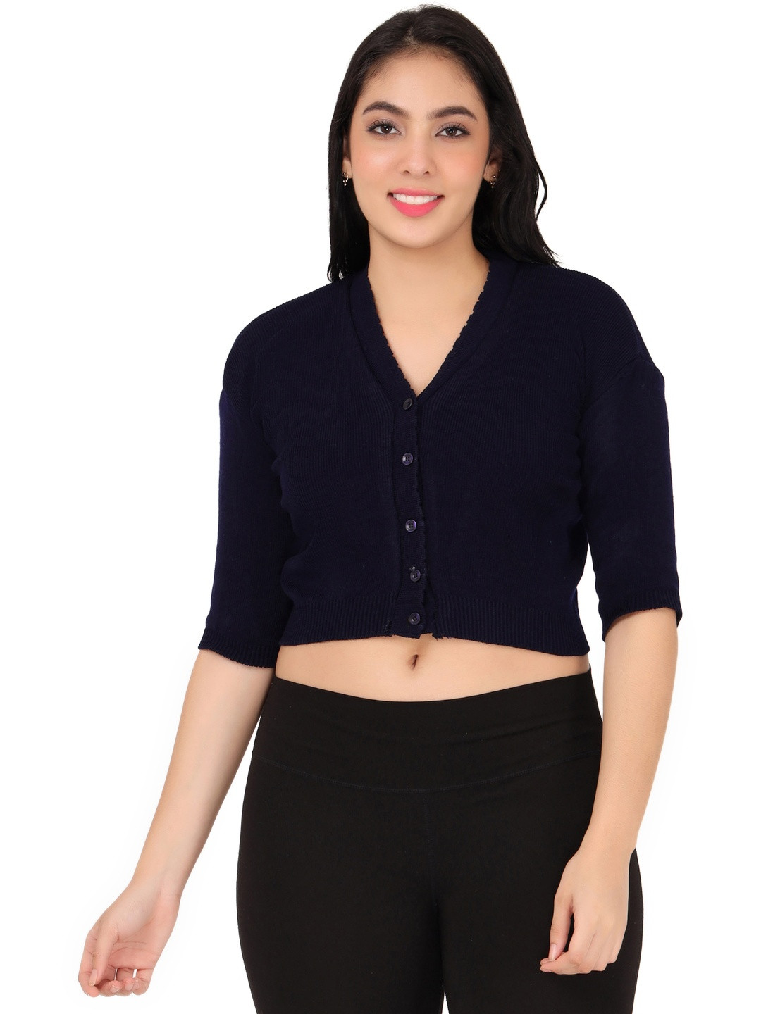 FEMULA Women Imperial Blue V Neck Half Sleeves Regular Fit Woollen Winter Blouse Top