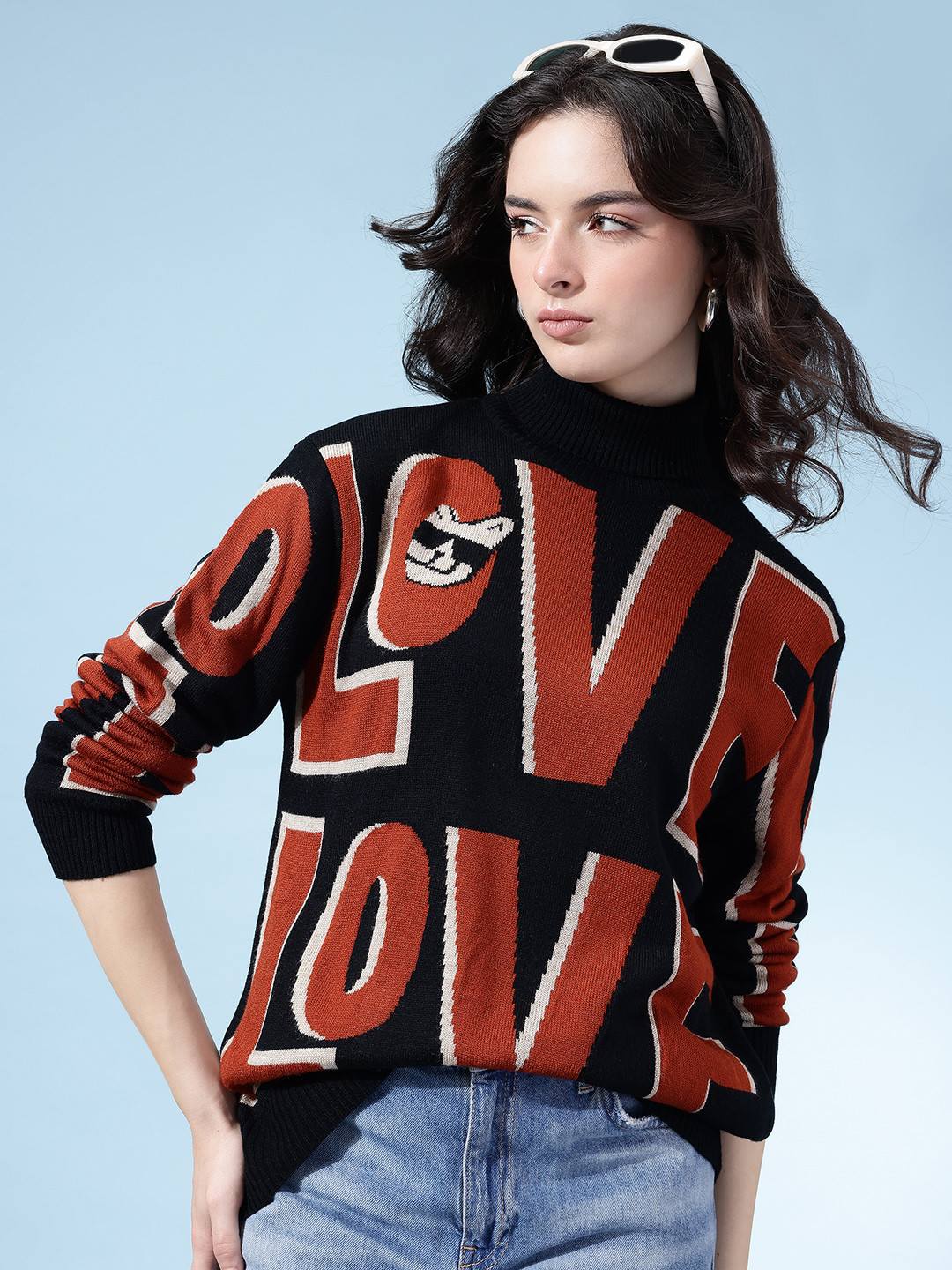 glitchez Typography Print Turtle Neck Relaxed Fit Acrylic Pullover